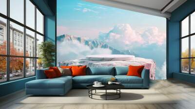 Surreal stone podium outdoors on clouds in soft blue sky pink pastel misty mountain nature landscape.Beauty cosmetic product placement pedestal present display,spring summer paradise - generative ai Wall mural