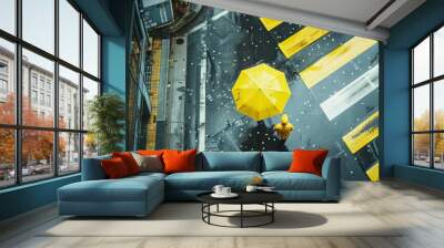 Take an overhead shot, below the tall building, on the rainy street. A man is holding a yellow umbrella, and the umbrella is running across the street - generative ai Wall mural