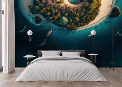 The background of an island is filled with forests and surrounded by the ocean, generative ai Wall mural