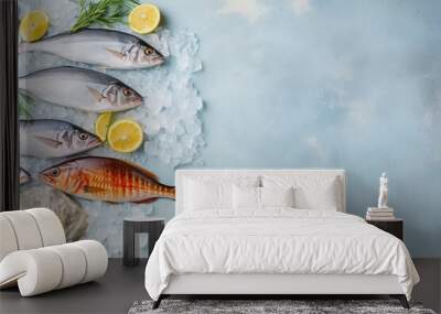 top view of vary kind of fish with copy space for text. food background for stock photography - generative ai Wall mural