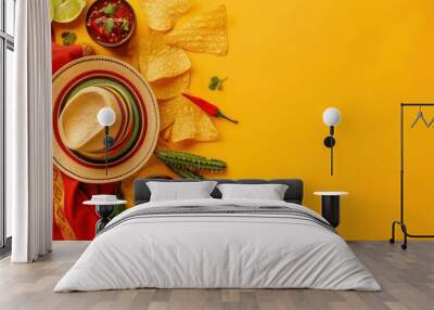 Top view photo of traditional food nacho chips salsa sauce chilli tequila with salt lime sombrero serape cactus and maracas on isolated vivid yellow background and copyspace - generative ai Wall mural