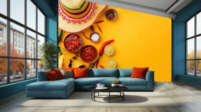 Top view photo of traditional food nacho chips salsa sauce chilli tequila with salt lime sombrero serape cactus and maracas on isolated vivid yellow background and copyspace - generative ai Wall mural