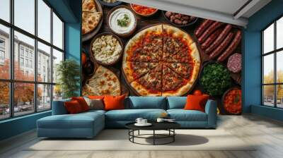 Traditional Turkish cuisine. Turkish pizza, sausage, pita, pidesi, sucuk, hummus, kebab, bulgar. Many dishes on the table. Serving dishes in restaurant. Background image. Top view - generative ai Wall mural