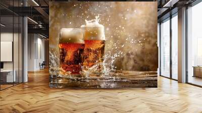 Two glasses of beer in cheers gesture, splashing out. Isolated on shabby background - generative ai Wall mural