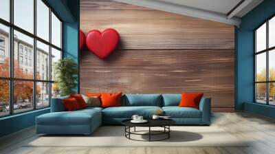 Two red hearts on wooden background, copy space - generative ai Wall mural