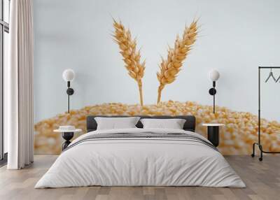 two wheat ears on a heap of grain, white background -  generative ai Wall mural