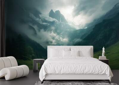 View of beautiful moody landscape in the Alps - generative ai Wall mural