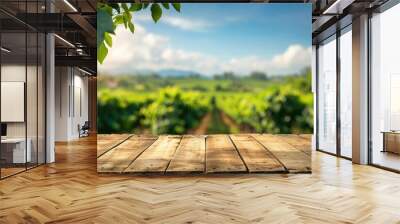 wooden table with blurred plantation landscape with blue sky and blurred green leaves frame Natural background product display concept - generative ai Wall mural