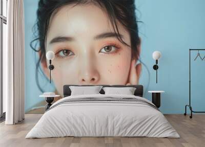 Young Asian beauty woman pull back hair with Koreans makeup style on face and perfect clean skin on isolated blue background. Facial treatment, Cosmetology, plastic surgery - generative ai Wall mural