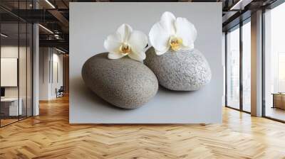 Zen stones with two bright orchid - generative ai Wall mural