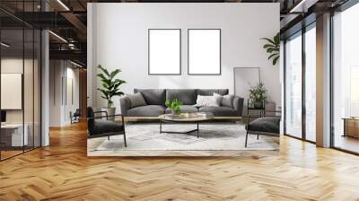 modern room design with two vertical wall art mock up, home mock up, living room wall decor mock up, blank canvas mock up Wall mural