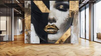 abstract portrait of a woman with gold lips, in black and white with gold accents, an oil painting in the style of abstract art with paint strokes on a beige background Wall mural