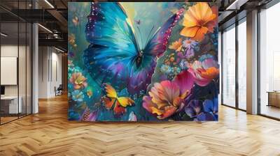 An oil painting of a whimsical fantasy landscape with giant, magical flowers and a fantastical butterfly creature, swept by enchanting winds. Wall mural