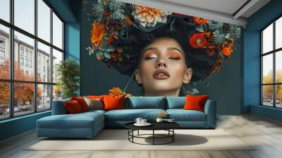 beautiful woman with flowers on her head, fashion photography, flowers in the style of bold graphic illustrations, colorful flower arrangements, dark gray  Wall mural