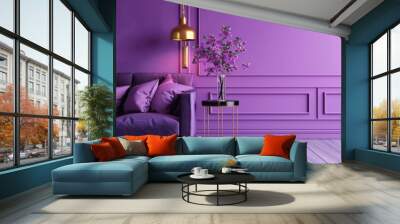 3D render of a modern luxury living room interior with an ultraviolet home decor concept. Features include a purple sofa, black table with a gold lamp, against a light purple wall and wood floor. Wall mural