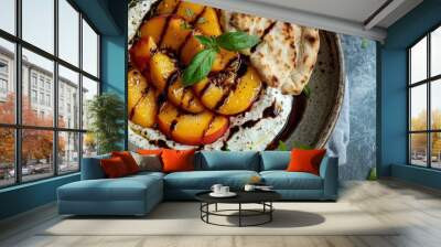 A dish of freshly roasted peaches, pitta slices, and whipped ricotta topped with herbs and a balsamic drizzle Wall mural