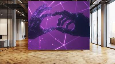 A futuristic scene of a robot and human hands touching, symbolizing AI and machine learning. Connected by a big data network in a purple tone. Wall mural