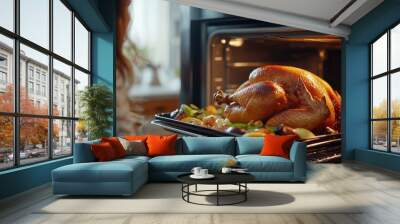 A lady is removing a succulent baked turkey from the oven. Thanksgiving Day events Wall mural