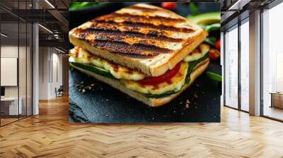 A panini with freshly sliced avocado and grilled halloumi cheese on ciabatta with grill marks. Delectable. sandwich made of vegetables. wholesome cuisine Wall mural