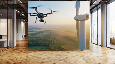 A quadcopter drone approaching a wind farm or turbine. As a theory of renewable energy and the application of technology to increase energy production efficiency	 Wall mural