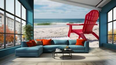 A red beach chair on a white calendar symbolizes vacation time. It's a period for relaxation, where employees are granted paid time off (PTO) by their employer. Wall mural