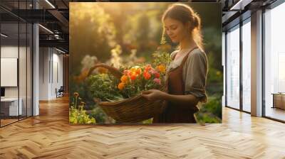 A young woman enjoying herself in a blossoming garden next to a cherry apple tree at dusk, dressed elegantly in beige. Long-haired girl grinning while at the park Wall mural