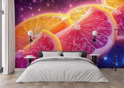 An abstract illustration features juicy orange and grapefruit slices with a neon glow and dynamic energy, set against a space-themed background. Wall mural