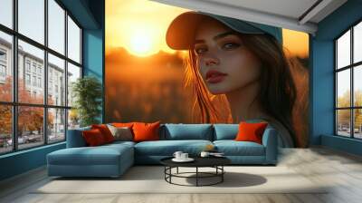 An image of a stunning girl in casual attire taken at dusk. Summertime Wall mural