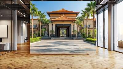 Asian-style entrance with palm trees, opulent exterior facade of opulent, exotic VIP hotel and restaurant building Wall mural