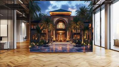 Asian-style entrance with palm trees, opulent exterior facade of opulent, exotic VIP hotel and restaurant building Wall mural