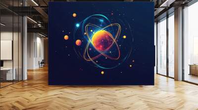 Atom diagram with nucleus, protons, neutrons, electrons on dark blue. Particle and wave concept in cartoon vector style. Wall mural