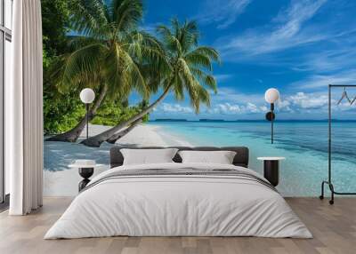 Beach with white sand, palm trees, and a tropical paradise Wall mural