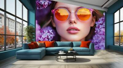 Beautiful girl in close-up wearing vibrant sunglasses against a backdrop of lilac flowers in bloom Wall mural