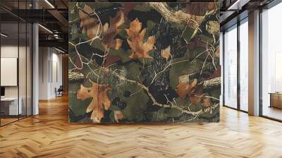 Camouflage texture in military design repeats seamlessly, ideal for army and hunting in green. Wall mural