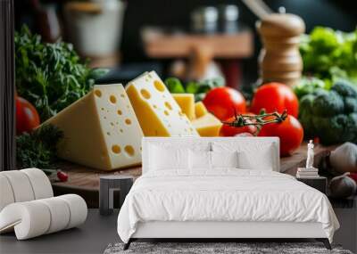 cheese and veggies for a salad on a kitchen wooden board Wall mural