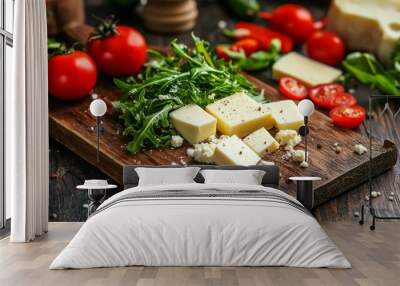 cheese and veggies for a salad on a kitchen wooden board Wall mural