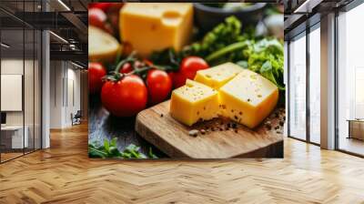 cheese and veggies for a salad on a kitchen wooden board Wall mural