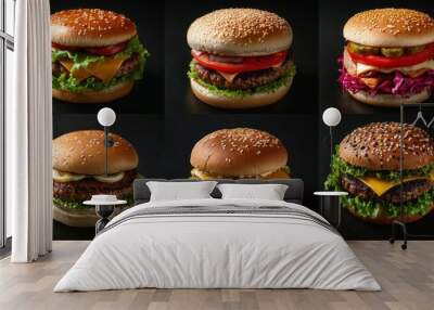 Classic Burgers set apart on a dark background. quick food supper. Burgers, cheeseburgers, vegan burgers, and other foods combined into a collage Wall mural