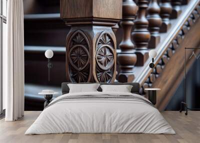 Close-up of a wooden interior staircase baluster, highlighting intricate craftsmanship.  Wall mural