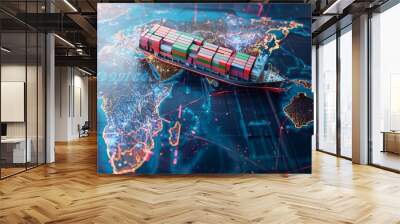 Container ship facilitates global logistics, import/export, freight transportation, with big data analysis for visualization of business information. Wall mural