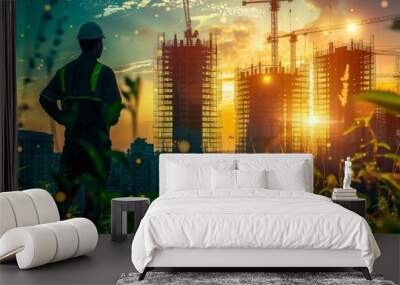 Creative graphic design showcases innovative architecture, civil engineering, and infrastructure city building concept, crafted by architect, worker, and engineer. Wall mural