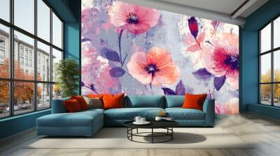 Design of abstract blooming flowers. Seamless floral pattern with grunge texture. Vector art with watercolor style featuring flowers and plants. Wall mural