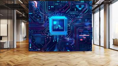 Digital vector illustration of a computer motherboard featuring a chip, processor, and semiconductor on a technology-themed background with interconnected blue lines and electronic components. Wall mural