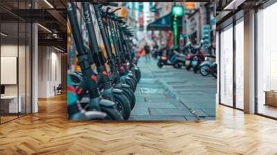 Electric scooters lined up on a city sidewalk, offering a convenient and eco-friendly mode of urban transportation Wall mural