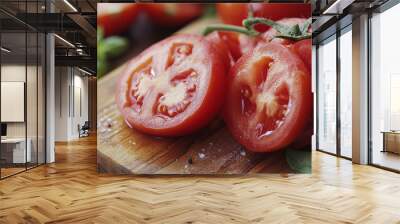 Fresh, juicy red tomatoes are perfect for cooking, pasta sauces, salads, juices, and eating raw. Slice them on a wood cutting board for deliciousness. Wall mural