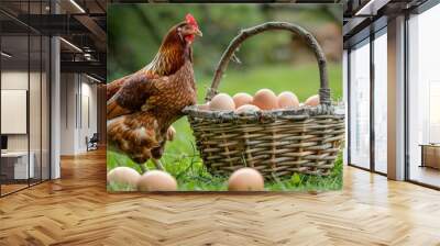 Fresh brown eggs in a basket with a hen standing nearby on a grass background. The eggs are fresh from the farm Wall mural