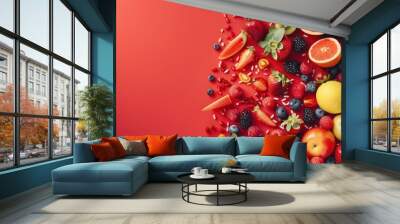 Fruit mix on red background --ar 16:9 Job ID: 13bdbff2-e770-403d-96e9-be0cb31edbf4 Wall mural