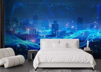 Fusing smart city and big data via digital antennas atop cityscape, merging technology and urban landscape. Wall mural