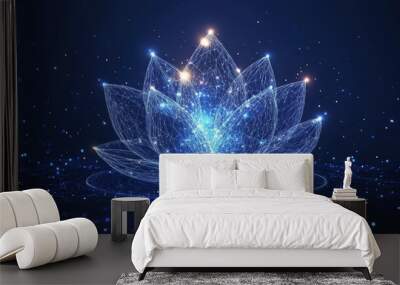 Glowing polygonal floating lotus flower with stars on dark blue. Spiritual yoga symbol in futuristic wireframe. Wall mural