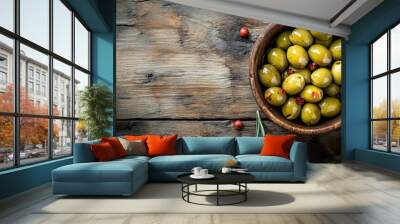 Green olives grilled against a wooden backdrop Wall mural